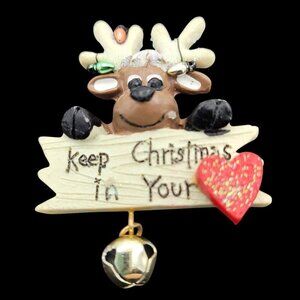 Reindeer Christmas Resin Pin Brooch Bell & Heart "Keep Christmas In Your Heart"